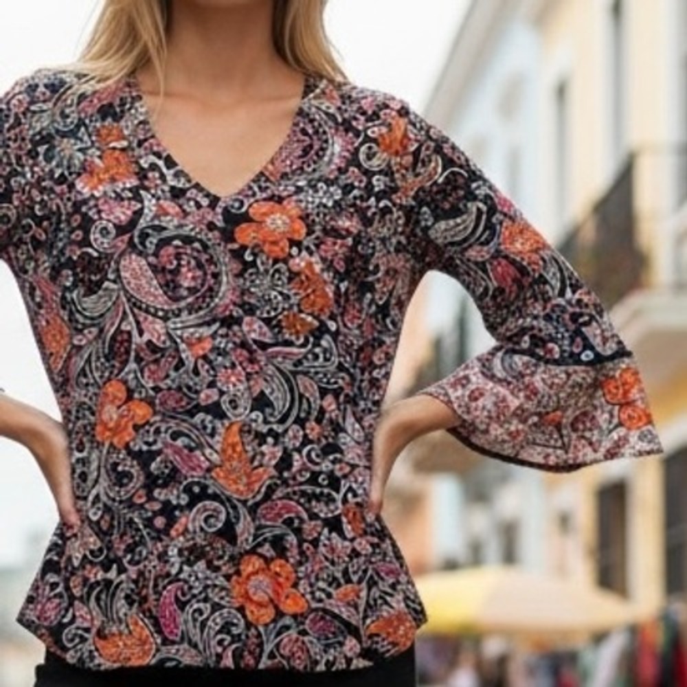 J. Jill Paisley Floral Bell Sleeve V-Neck Top Black Boho Peasant Artsy Size M